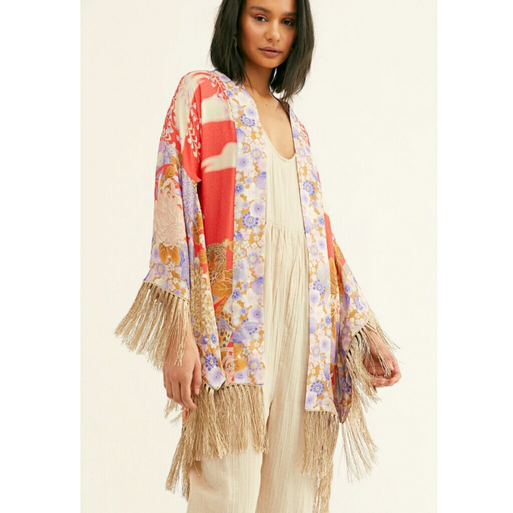 New spell free people willow short kimono tassel S Robe Burnt Orange Red FP BNWT